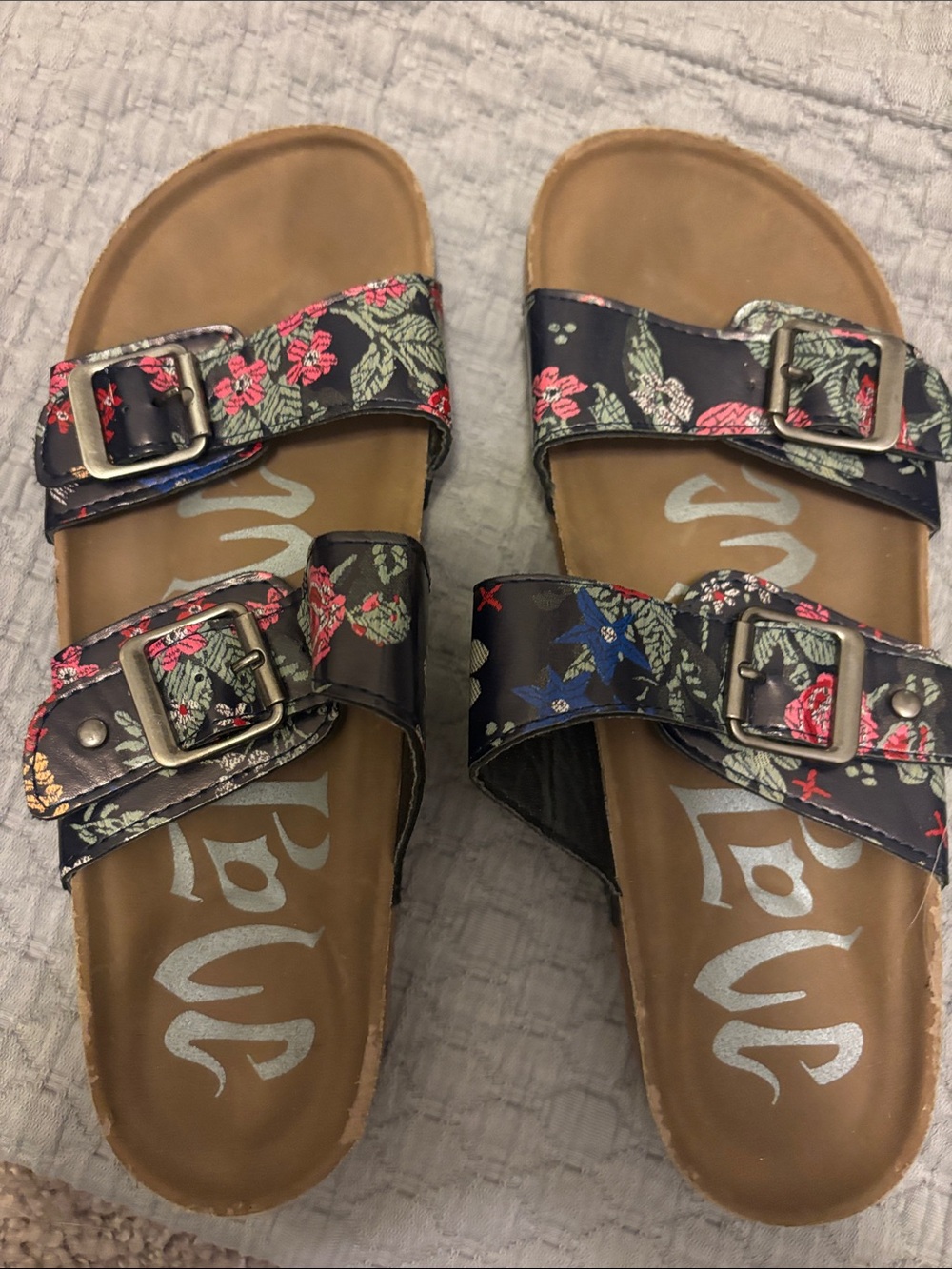 Floral Double-Buckle Slide Sandals - Black Floral